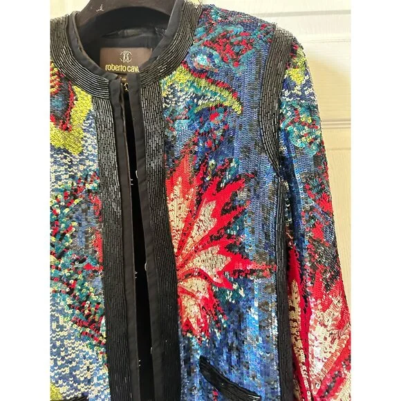 Roberto Cavalli multicolor rainbow sequin beaded black silk leather jacket IT46